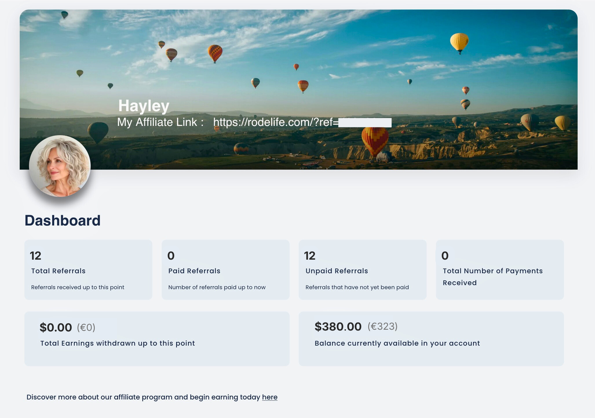 RODE LIFE earnings dashboard